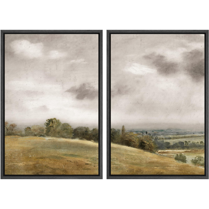 «Gentle Hills and Distant Storm Tranquil Pastoral Nature Wilderness Illustration Decor Scenic», 2 pièces, Cadre noir