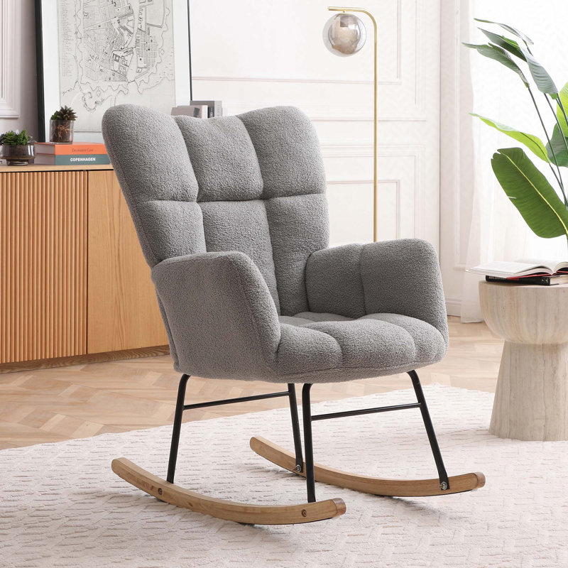 Chaise berçante rembourrée avec siège rembourré et haut dossier Teddy, Gris