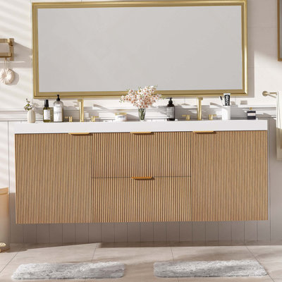 Meuble-lavabo double 59,3 po avec plateau en résine SMC, armoire en panneau de fibres à densité moyenne peint avec cadre en bois massif, portes à fermeture en douceur, tiroirs divisés, meuble-lavabo mural moderne