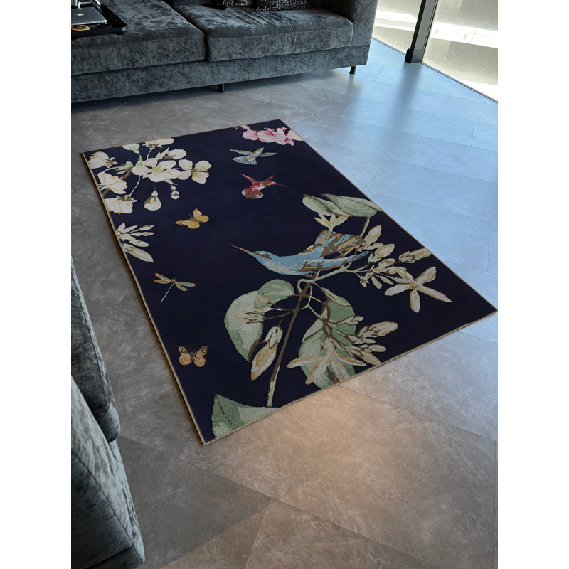 Tapis décoratif multicolore bleu marine à motif d'arbres et d'oiseaux, Rectangle 3 pi 11 po x 5 pi 10 po