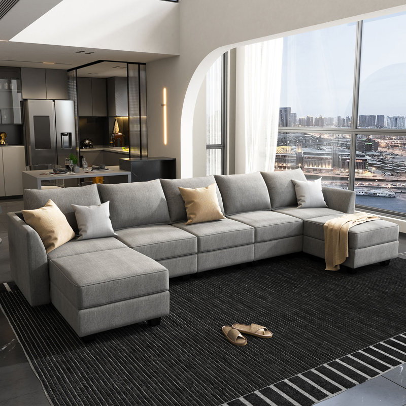 U shaped Corner Modular Sectional Reversible Sofa Couch with Storage Seat, Grey Polyester Blend