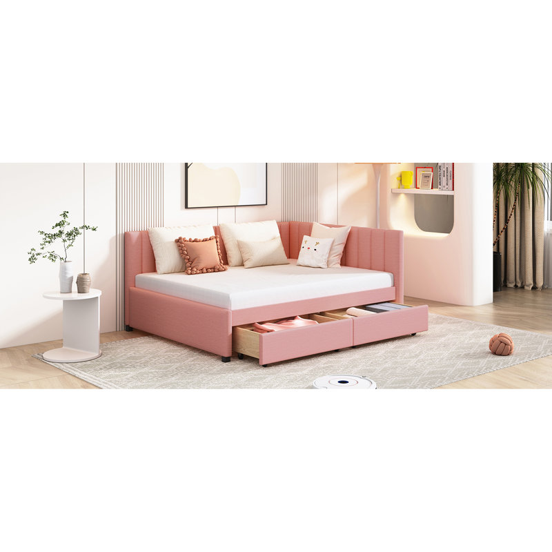 Daybed With Linen Cover  Pink , 2 Storage Drawers, No Box Spring, Stable Bed Pink Upholstered Drawer - Frame For A Cozy Night