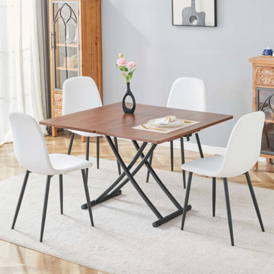 Ensemble de table et de chaises, plateforme de levage multifonctionnelle moderne, plateau en panneau de fibres à densité moyenne avec autocollant grain de bois, pieds en métal, assortis à 4 chaises de salle à manger en tissu de lin.