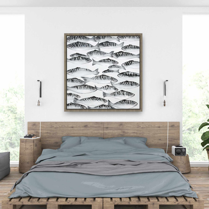 Toile encadrée gris banc de poissons | Décoration de chambre aquatique