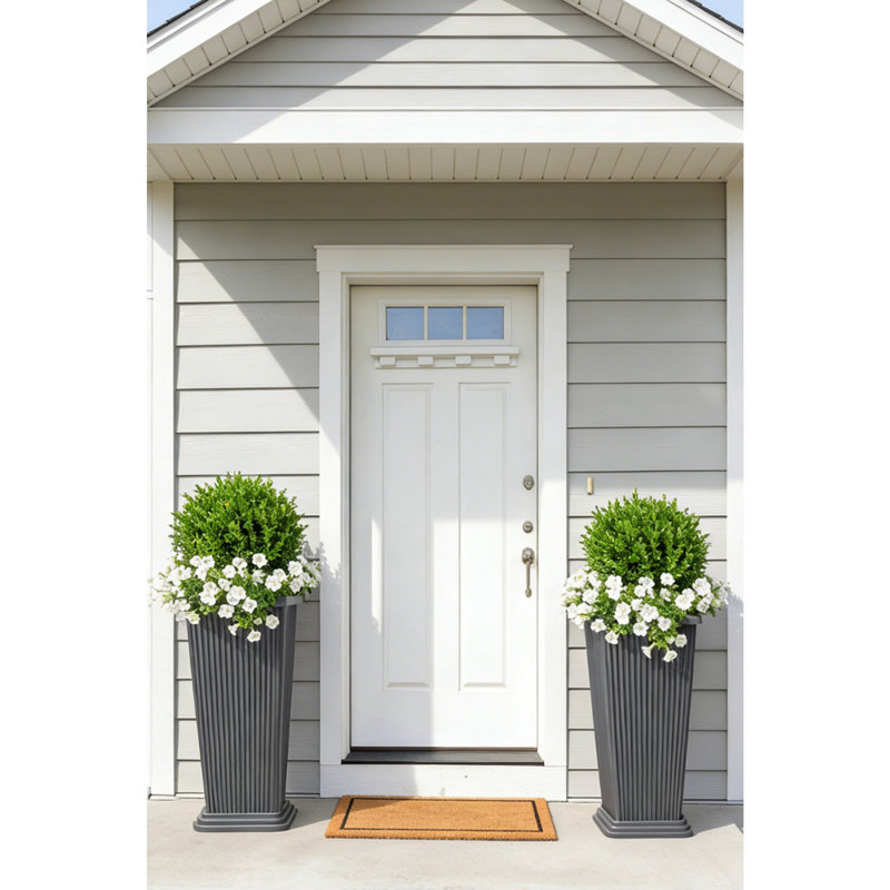 Set of 2 Tall Outdoor Planters, Square Flower Plant Pot – Indoor/Outdoor Taper Planters Ideal for Patio and Entryway, Gray