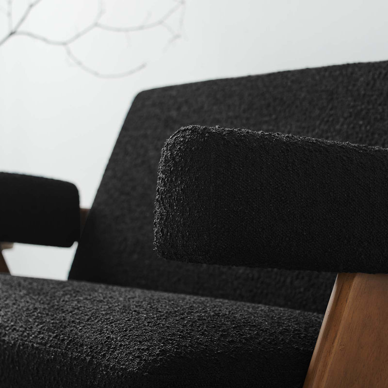 Lyra Black Boucle Fabric Loveseat with Wood Legs