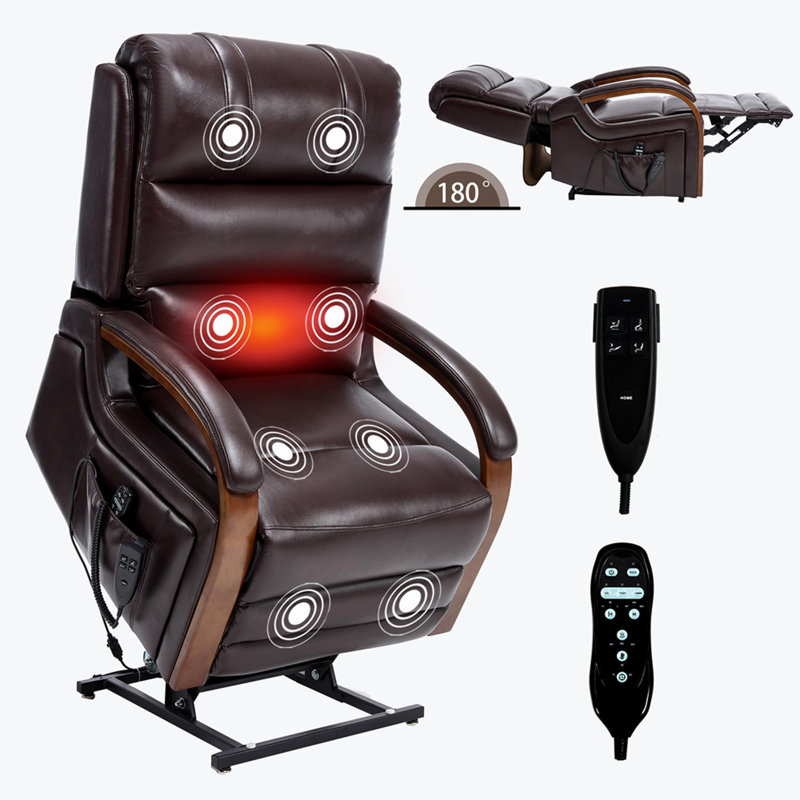 Fauteuil releveur inclinable Power Brown Leatheraire à double moteur et positions infinies, supportant jusqu'à 159 kg, avec accoudoirs en bois massif, fonction massage chauffant et mécanisme de mouvement robuste.