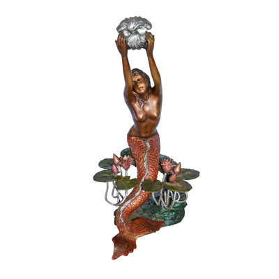 Allibert Mermaid Art Nude Holding a Shell Coloured Bronze Statue Fountain  10" x 8" x 21"H