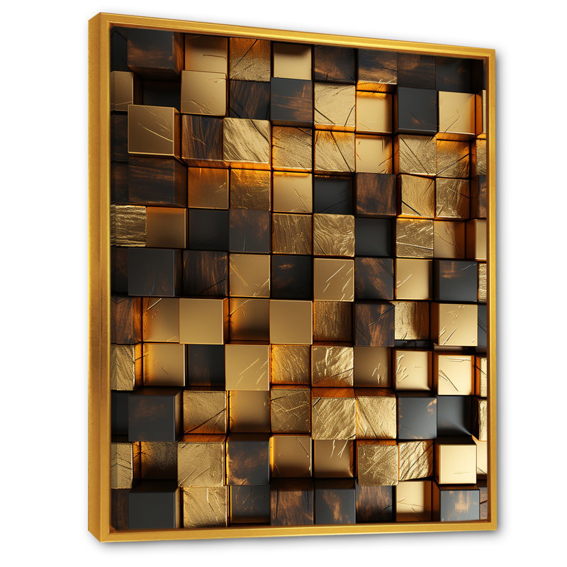 Or abstrait, cubes I - art mural géométrique, Cadre flottant doré, H 32 po x l 16 po x P 1 po