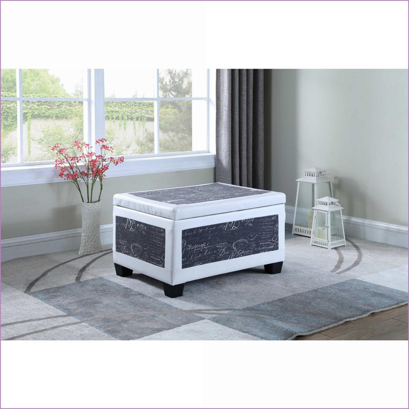 Traditional Ottoman with Storage &amp; 2 Seating, Navy Blue &amp; Cream Bonded Leather, 19” Tall | Black | Wood
