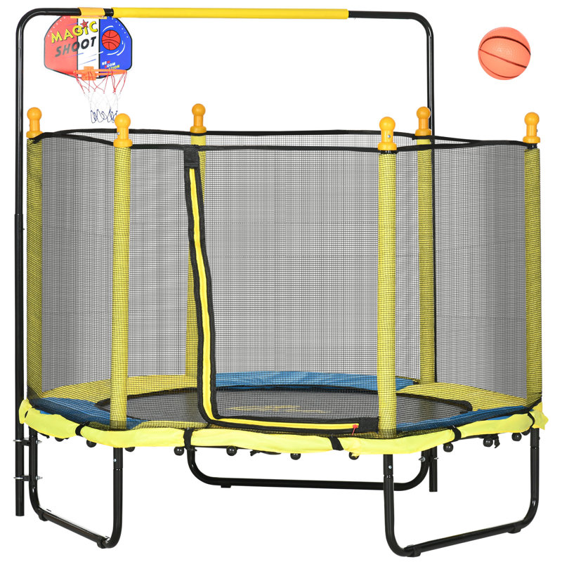 Trampoline pour enfants 4,6 pi avec panier de basketball, Jaune