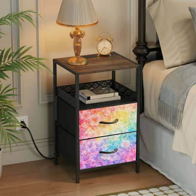 2 Drawers Nightstand with Charging Station, Bedroom Nightstand with USB Ports &amp; Outlets Open Shelf Black, night stand with Vibrant Watercolor Floral Rainbow Gradient Print