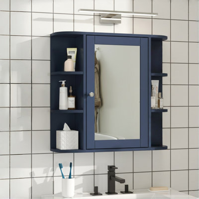Armoire de rangement murale de salle de bain avec miroir, armoire à pharmacie avec tablette et portes en bois réglables, armoires de rangement montées avec 6 tablettes ouvertes, bleu
