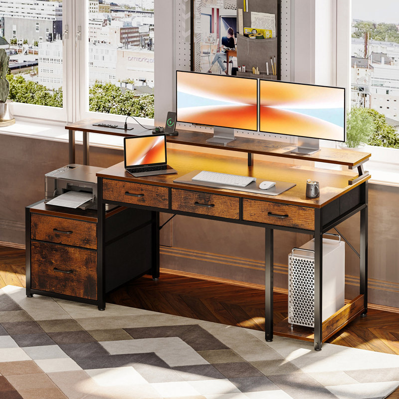 Valerio 55"W Reversible Writing Desk With Drawers And Monitor Shelf,Computer Desk With RGB Led Lights & Power Outlet