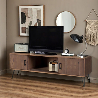 Meuble télé rustique de 60 pouces avec 2 armoires de rangement, centre multimédia industriel avec étagères ouvertes, console télé pour salon ou salle multimédia, couleur naturelle