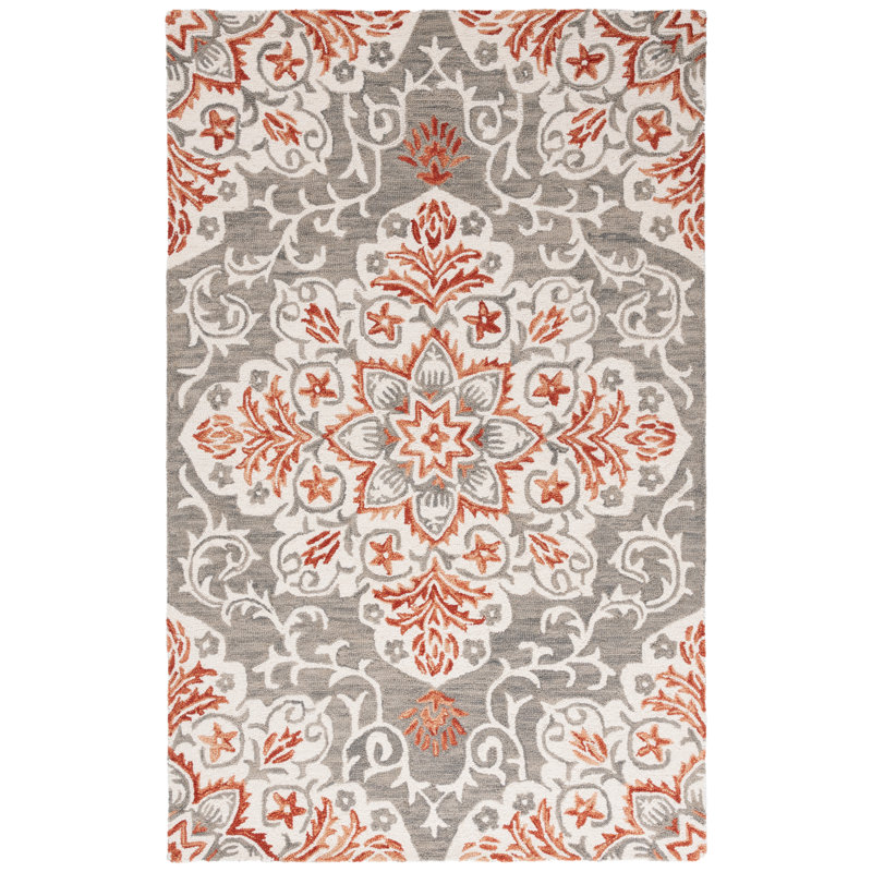 Oltiana Hand Tufted Wool/Cotton Floral Rug in Rust/White/Gray, Rectangle 4' x 6'