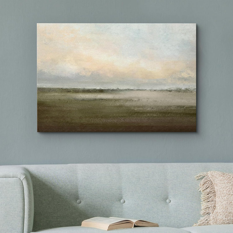 Muted Green Sunrise French Country Landscape Rustic Neutral Large Framed Canvas Print Wall Art Work, 32" H x 48" W x 1.5" D