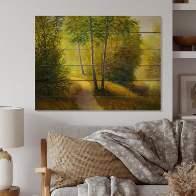 Rivière à travers une forêt de bouleaux - Peinture sur bois sans cadre