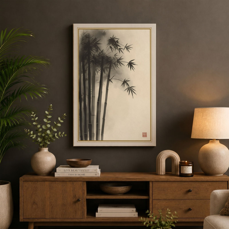 Bamboo in Ink Japandi - Wrapped Canvas, 18x12 - 45.7 x 30.5 cm, Teal Border
