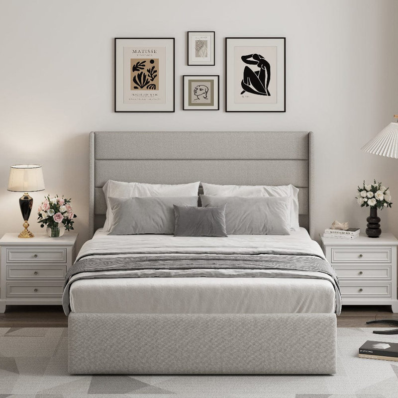 EASE Linen Pneumatic Lift Up Bed Frame Bed, Kingsize (5'), Grey