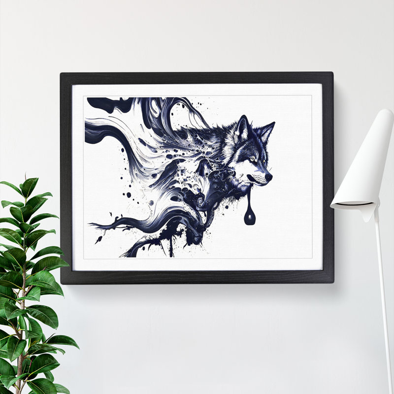 XH1022-6567X Paint Drip Wolf Abstract - Single Picture Frame Print, Black, 46cm H x 64cm W x 2cm D