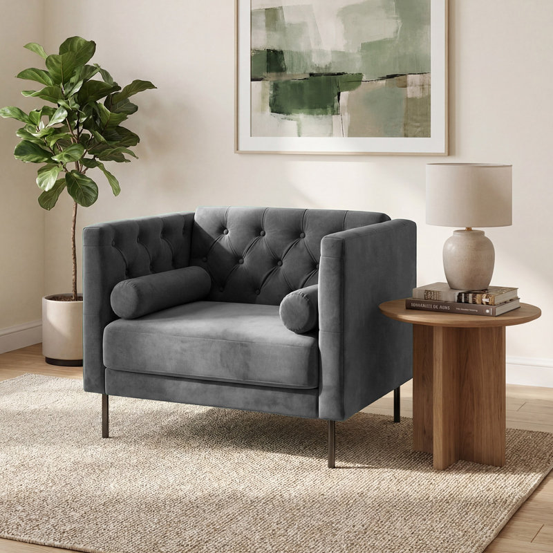 Fauteuil Chesterfield surdimensionné, 98 cm, style milieu du siècle, avec dossier capitonné et 2 coussins cylindriques, idéal pour le salon, la chambre ou un club. Finition en velours gris.