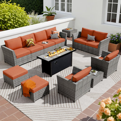 13- Piece Wicker Outdoor Patio Furniture Set with Cushions,Ottoman and Propane Fire Pit Table - Mostly No - Assembly (Except Fire Pit)