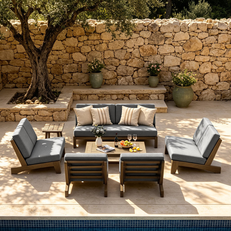 Ensemble de conversation Polett, 7 pièces: 2 tables, 2 causeuses, 2 chaises, canap, Grey, Brun