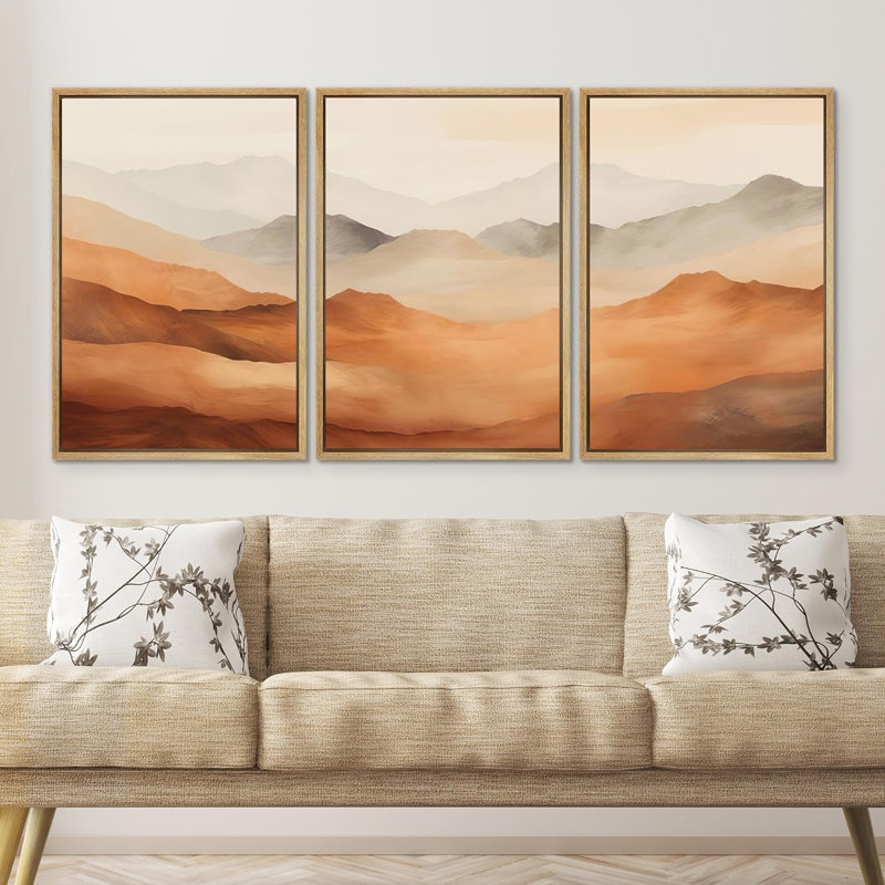 "Abstract Landscape", "Vibrant Warm Orange Brown Mountains", art mural moderne minimaliste simple, impression sur toile encadrée, 3 pièces, art mural "16" x 24 "x 3 pièces, 24" x 36 "x 3 pièces