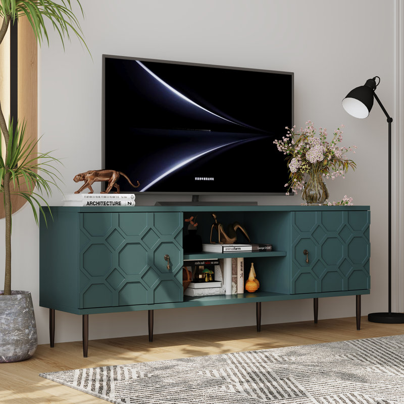 Meuble télé contemporain pour téléviseur de 55 à 75 pouces, centre de divertissement avec armoires de rangement et tablettes ouvertes, console texturée pour le salon