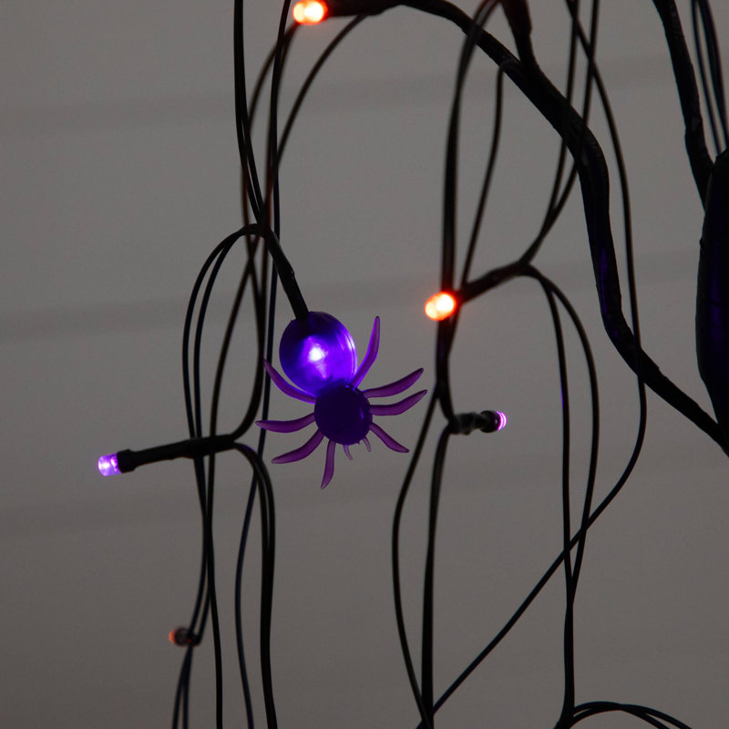 2 pi. Saule spooky noir artificiel pré-éclairé avec 60 lumières DEL orange et mauves