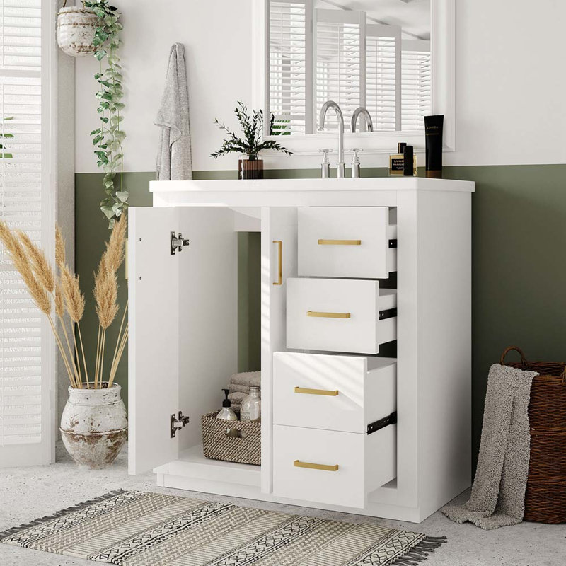 Ensemble de meuble-lavabo 30 po avec lavabo en résine Sonnette, 3 tiroirs et portes à fermeture douce, Blanc
