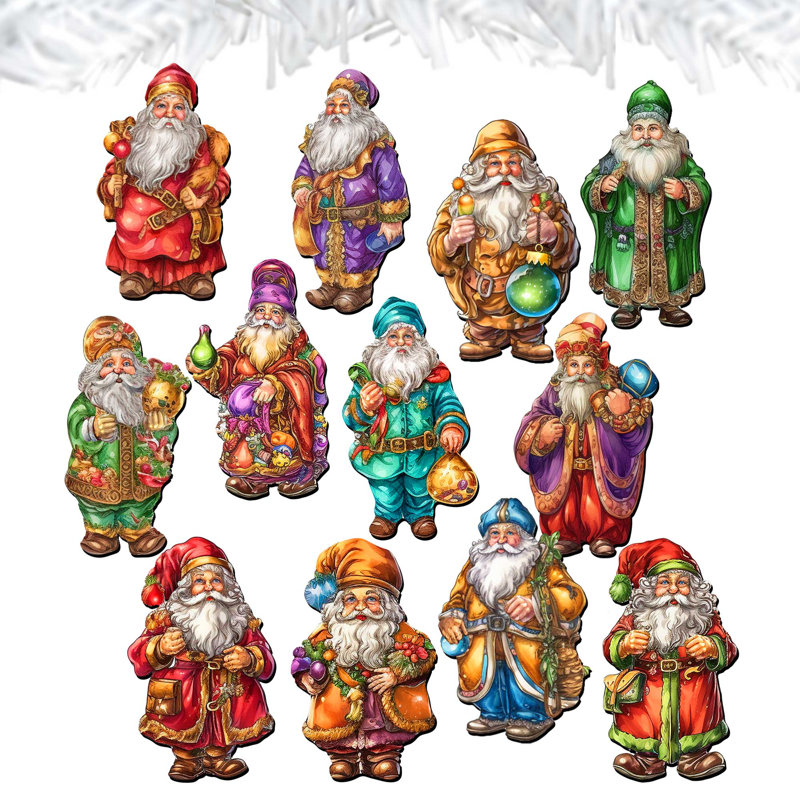 12 Piece Colorful Santa Decorative Wooden Clip-on Ornaments by G. Debrekht