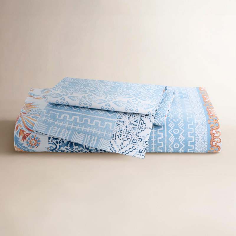 Ensemble de housse de couette réversible 100% coton, Housse de couette très grand et 2 très grandes t, Bleu / orange damassé