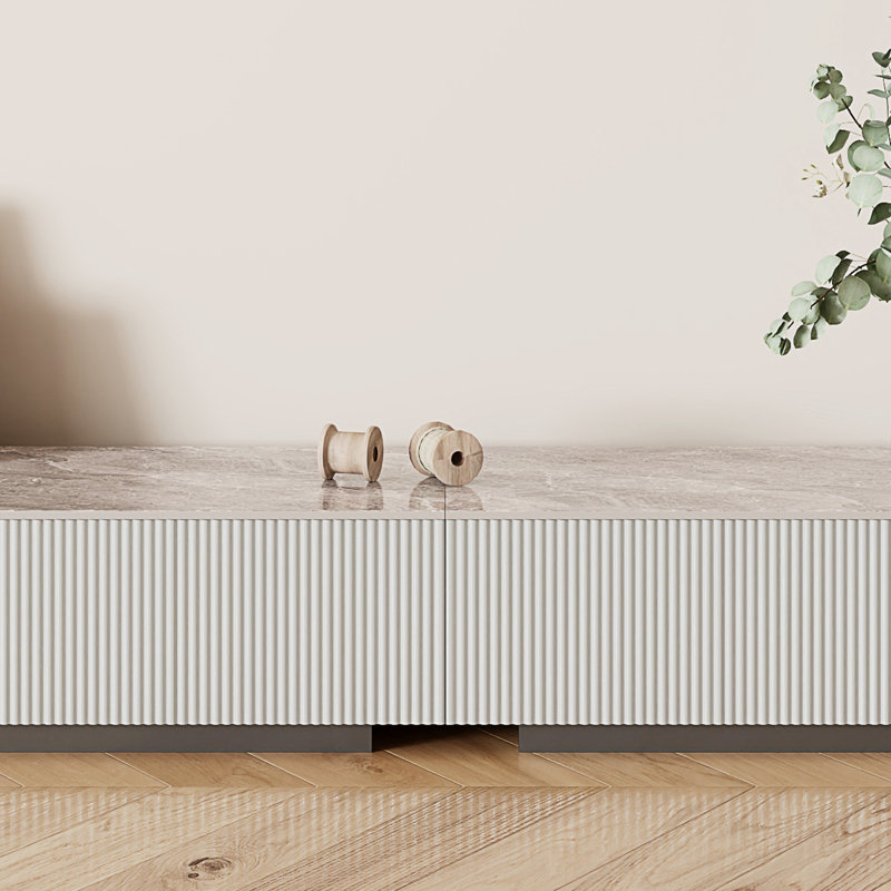 Delorme 95" Modern TV Stands,Glossy Sintered Stone Top,Gray,4 Drawers