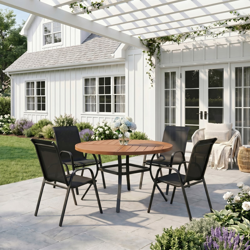 4-Person Round Patio Dining Set With Stackable Textilene Chairs, Brush Wood Brown/Black