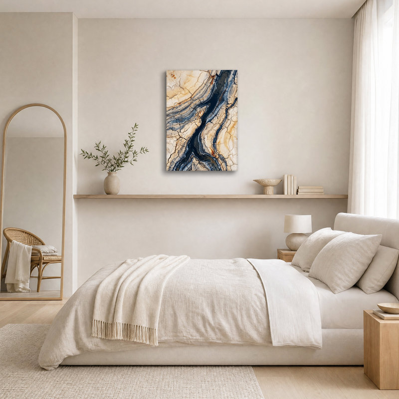 Tableau sur toile à motif craquelé organique beige et bleu foncé, H 24 po x l 16 po