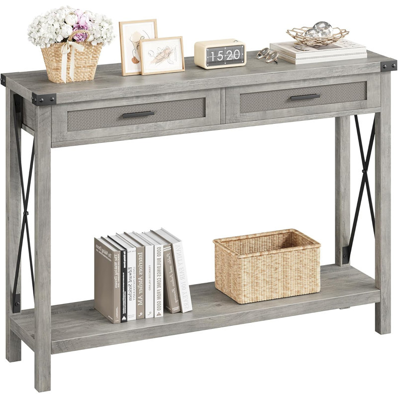 Farmhouse Entryway Table With Rattan Drawers, Console Table For Entryway, 43" Wood Sofa Table With Storage Living Room, Hallway