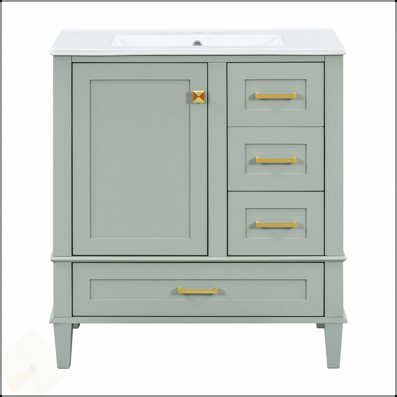 Meuble-lavabo moderne de 30 pouces avec lavabo, porte à fermeture douce et 3 tiroirs, structure en bois massif durable pour un rangement élégant