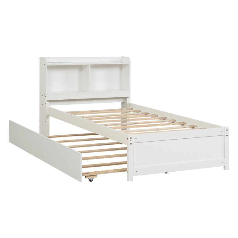 Twin Bed with Trundle and Bookcase Headboard, White