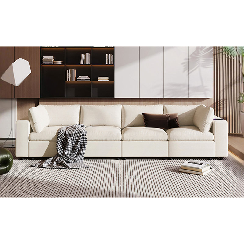 Sectional Sofa, Upholstered Modular Sofa With Storage Space, USB/Wireless Charging And Bluetooth Speaker In Arm, Beige