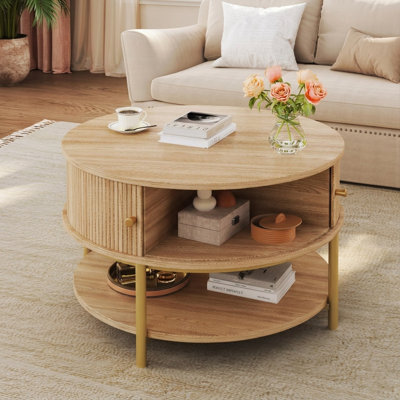 23.6" Round Coffee Table With Storage Shelves & Cabinet