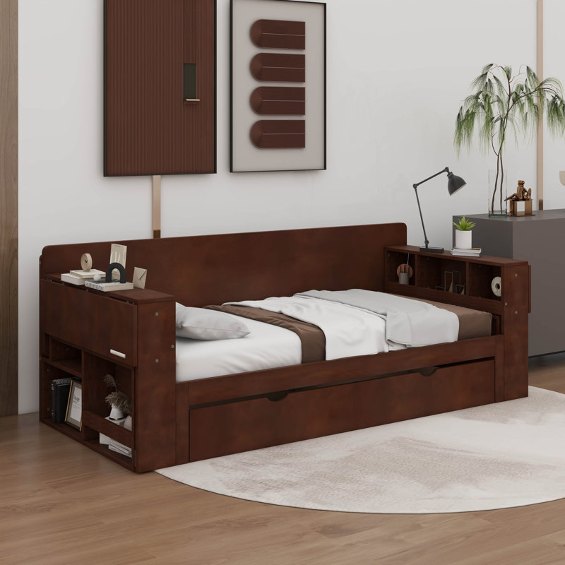 Queen Size Daybed With Desk,Drawers And Hydraulic Side Table, Espresso, Queen