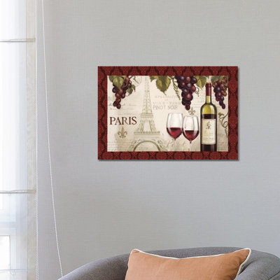 Wine in Paris, Damask Border 1 Piece Wrapped Canvas Painting
