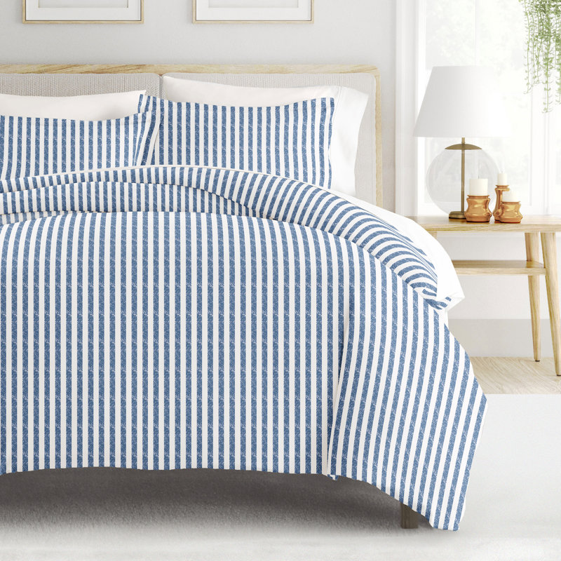Navy and White Microfiber Striped Full/Queen Duvet Cover Set
