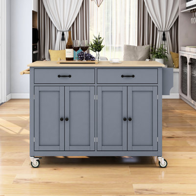 Kitchen Island Cart - White, Solid Wood Platform For Work, 4 Door Cabinet, 2 Drawers, Spice & Towel Rack, Locking Wheel Setup Worktop, Feature