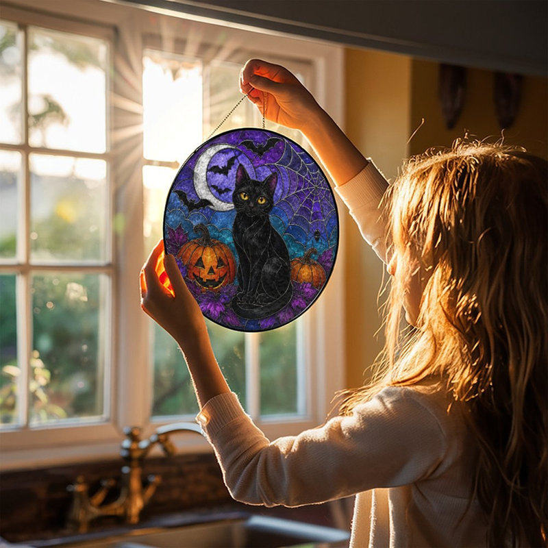 Chat en verre teinté Halloween pour fenêtre, 9,8 x 9,8 po (25 x 25 cm)