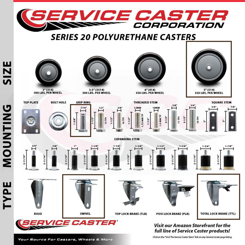 5 Inch Polyurethane Swivel 7/16 Inch Stem Caster Set with Total Lock Brake, Black