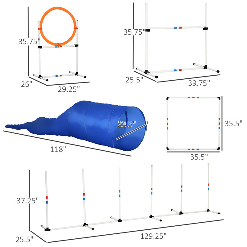 Équipement d'entraînement pour agilité pour 5 chiens - trousse de course d'obstacles avec tunnel, saut, cerceau, poteaux de tissage, boîte de pause et sac de rangement portable, étui de transport mobile en polypropylène
