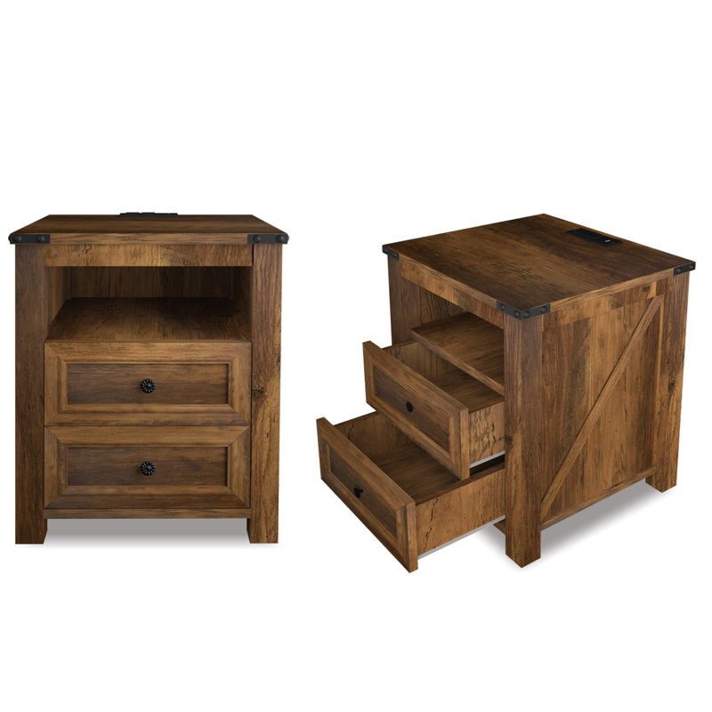 Nightstands With Charging Station, Rustic 18 Inch Bedside Table With 2 Storage Drawers And Open Shelf, Set of 2, Brown